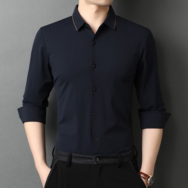 

men's autumn 2020 new pure silk lapel business leisure young and middle-aged long sleeve shirt, White;black