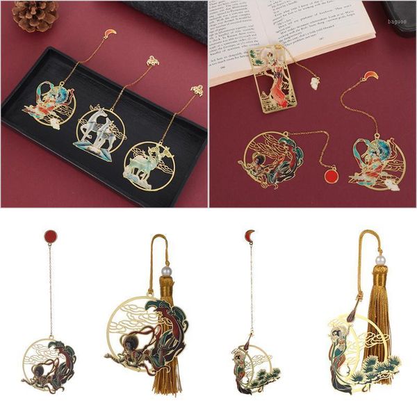 Bookmark Dunhuang Mural Retro Cinzeladura De Metal Bookmarks Hollow Pingente Tassel Book Clip Prazinação Marca Escolar Papelaria Estudante Presente