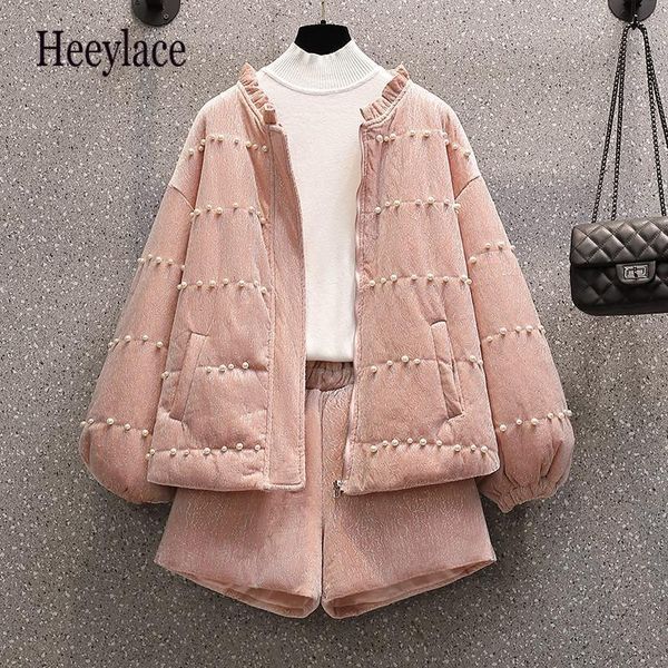 

plus size winter thicken parka suits 2 piece set women sweet pearl beading coat and shorts sets women korean padded jacket set1, Gray