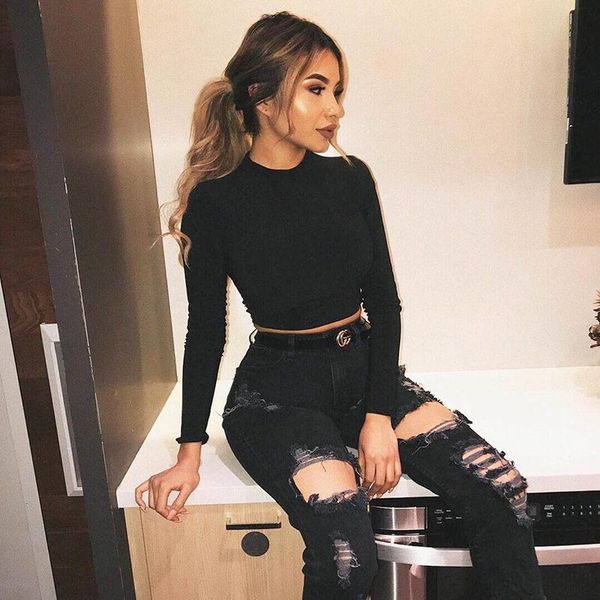

2020 new solid basic long sleeve women t shirt casual black white fashion crop t shirt ladies fashion korean tee