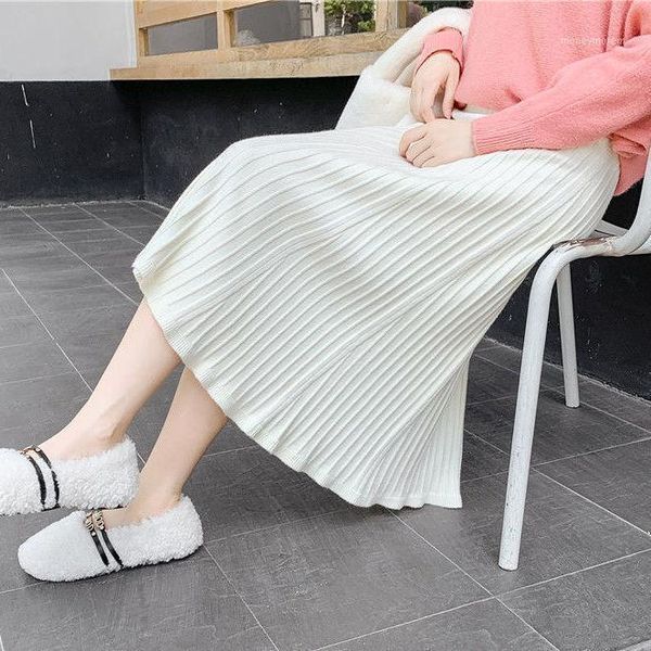 

women 2021 autumn winter thick warm pleated skirts female elastic high waist knitted sweater skirts lady a-line midi skirt a4701, Black