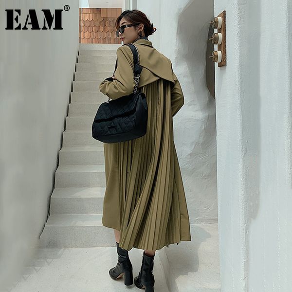 

eam] women back pleated big size trench new lapel long sleeve loose fit windbreaker fashion tide spring autumn 2020 1dc048 1031, Tan;black