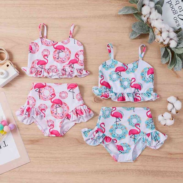 

0-4y summer infant girls bikini sets 2pcs cartoon print ruffles sleeveless vest shorts swimwear, White