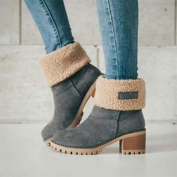 

new women boots winter outdoor keep warm fur boots waterproof women's snow thick heel with round head short boot, Black