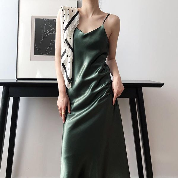 

sleeveless women spaghetti strap dresses v neck soft satin silk slip dress 2021 ladies long elegant summer dress, Black;gray