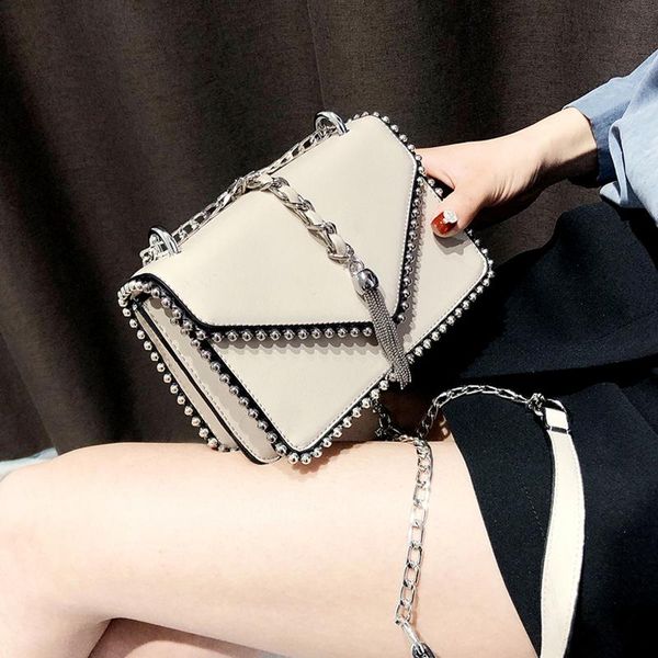 

shoulder bags european fashion simple small square bag women's designer handbag pu leather rivet tassel chain