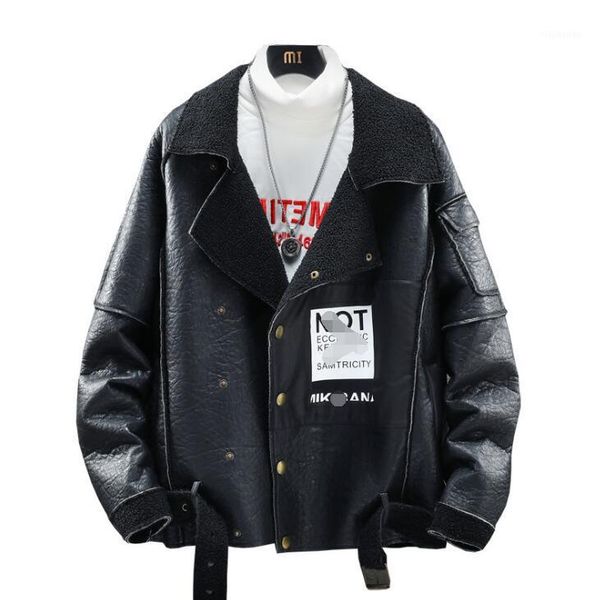 

men's fashion large size loose leather jacket men's simple fur one plus velvet thickening large lapel motorcycle leather jacket1, Black