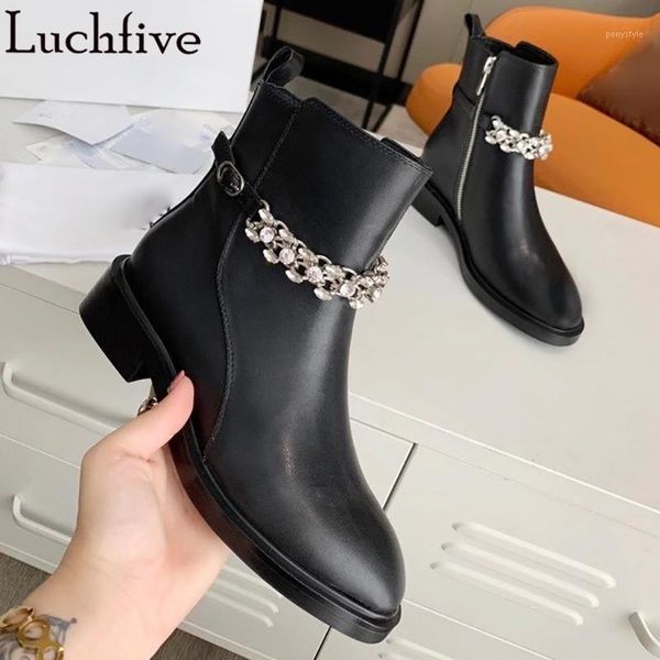 

boots crystal chains women's genuine leather shoes woman round toe ankle square heels black botas mujer1
