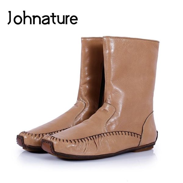 

johnature новые 2020 осень / зима натуральная кожа овчины на молнии с плоским mesh кабального кожа платформы ботинки женская обувь, Black