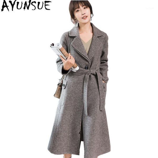 

ayunsue 2019 fashion women wool coat long womans woolen coats with belt autumn winter female jacket casaco feminino 38078wyq18011, Black