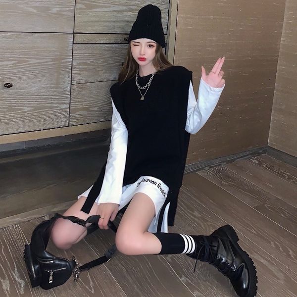 

new autumn 2020 sleeveless split knitwear vest + letter bottomed t-shirt two piece fashion suit for women