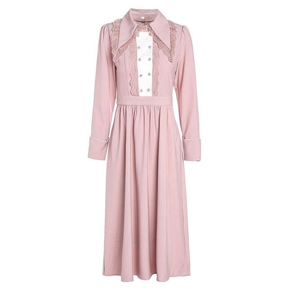 

goodlishowsi autumn spring new fashion women turn down collar full sleeve slim waist pleated elegant dress, Black;gray