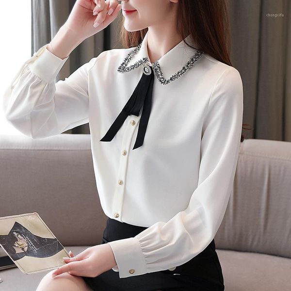 

new arrived woman's blouse turn-down collar long sleeve chiffon shirts woman white silid bow causal blouses ladies korean1