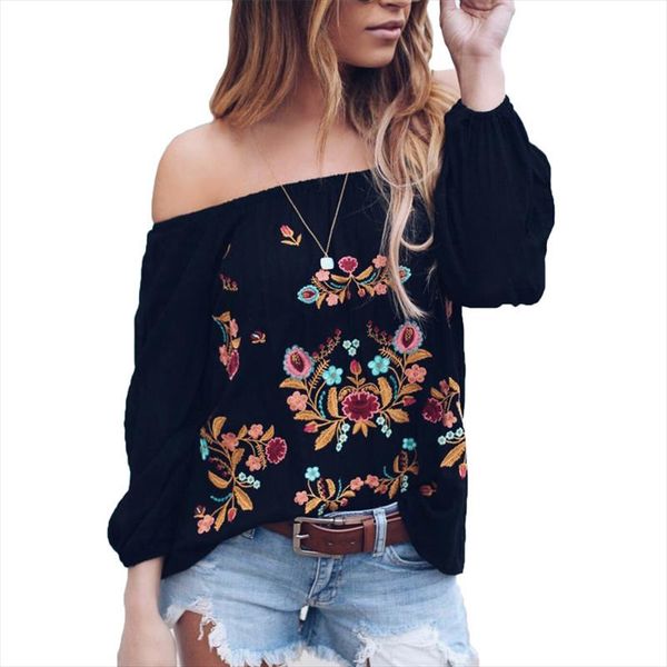 

vintage backless strapless off shoulder floral print embroider blouse black backless slash neck women blouses shirts s 2xl, White