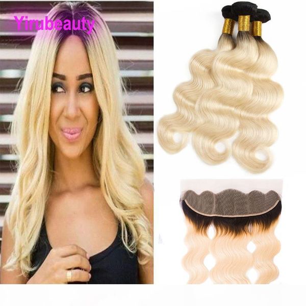

malaysian unprocessed virgin human hair body wave 1b 613 blonde 3 bundles with 13x4 lace frontal 4 pieces one set 10-26inch, Black;brown