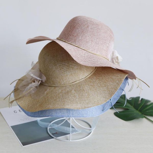 

summer floral straw sun hats casual women wide brim bow outdoor beach sun caps floppy cap fast dry uv protection caps fashion, Blue;gray