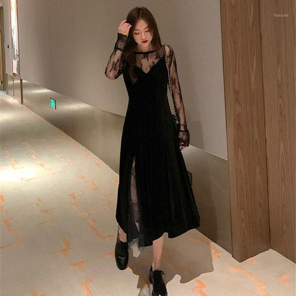 

spring women black 2 pieces pleuche dresses long sleeve lace and calf length slip dress flannelette twinset clothes 4xl1, Black;gray