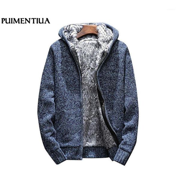 

puimentiua men autumn winter long sleeve hooded knitted sweater cardigan male thick keep warm fur sweater coats1, White;black