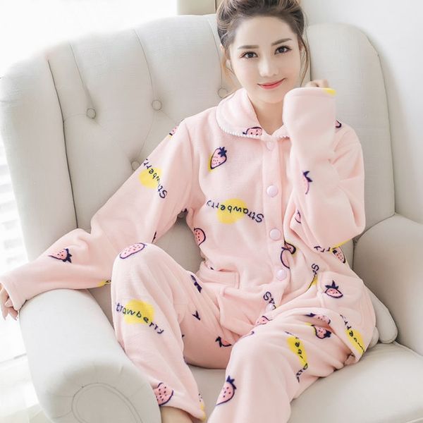 

2021 new winter pajamas set women sleepwear warm flannel long sleeves pyjamas cartoon cute thick homewear nightie pijamas female 3wn4, Black;red