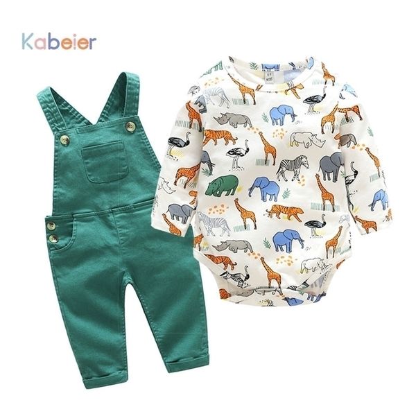 Yenidoğan Erkek Bebek Kız Giysileri Romper Uzun Kollu Bahar Karikatür Bebek Bodysuit + Bib Pantolon Kıyafet Çocuk Set Sevimli Bebek Tulum 201127