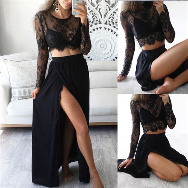 

2 pcs summer beach women evening party sets transparent lace hollow long sleeve crop black long maxi split skirts, Gray