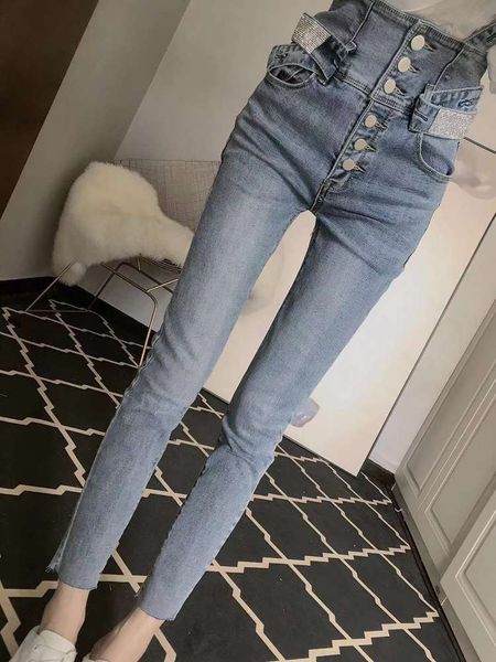 

2020 autumn new korean drill strap jeans women's leggings slim fit high waist pencil pants, Blue