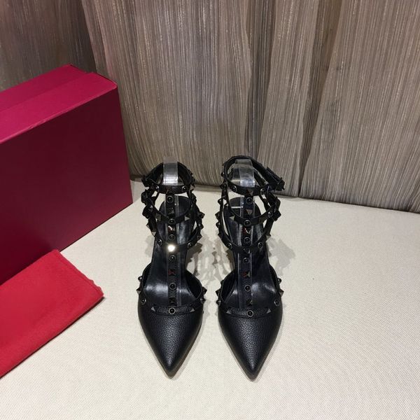 

rivet pointed high heeled shoes women leather bridesmaid wedding shoes liu pin baotou bandage liuding sandals women summer shoes, Black