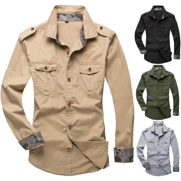 

men's casual shirts mens lapel collar denim tactical cargo long sleeve plus size cotton fitness tooling blouses1, White;black