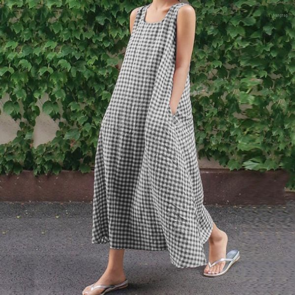 

plus size womens check plaid sundress cotton linen baggy long maxi dress fdc991, Black;gray