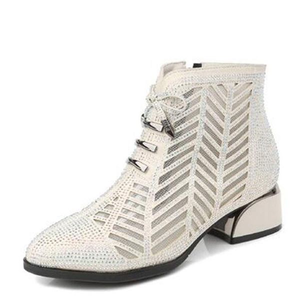

2020 new summer microfiber rhinestone hollow mesh boots women fashion boots ankle elegant high heel large size 43, Black