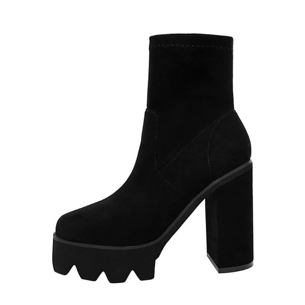 

platform shoes ankle boots women's shoes fashion block heel point toe faux suede laidies velvet lining winter boot, Black