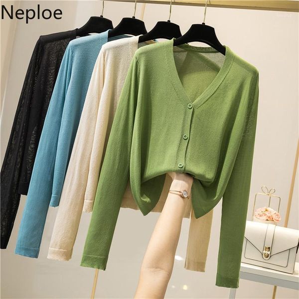 

neploe 2020 summer thin long sleeve sweater coat single breasted v neck causal short knitwear women knitted cardigan 4b6681, White