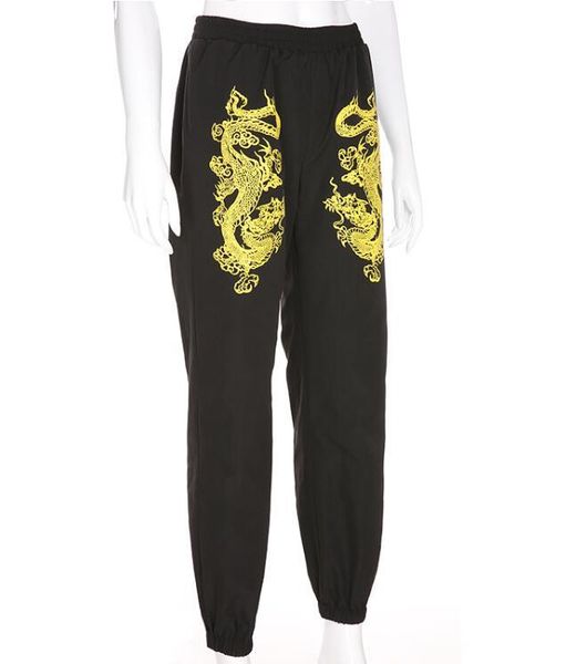 

summer loose streetwear dragon print high waist elastic harem pants 1020, Black;white