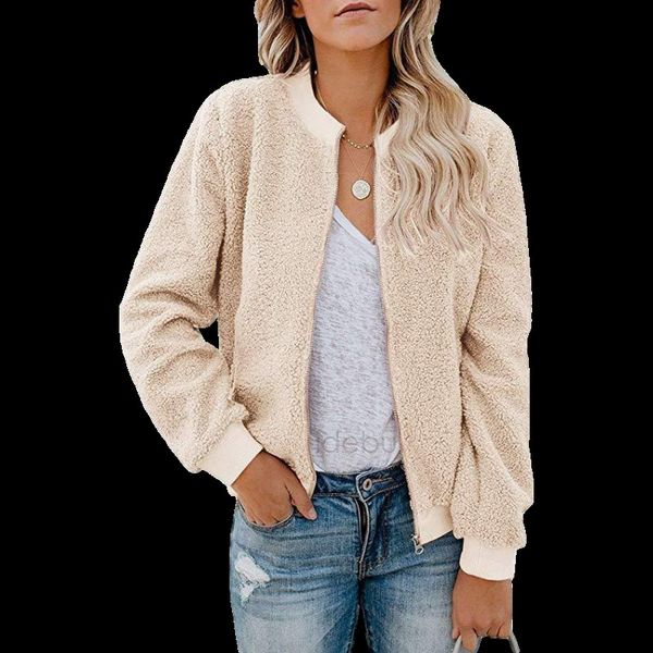 

2021 new womens neck zip fly fluffy plush jackets outerwear hs0q, Black;brown