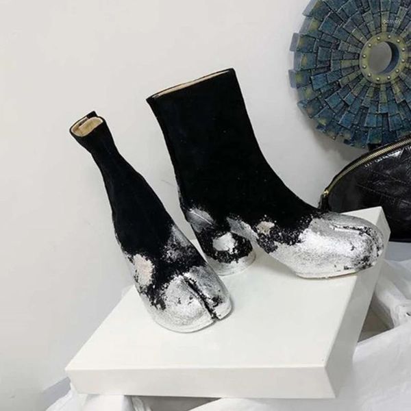 

split toe shoes short boots round heels sliver patchwork mixed color female ankle boot design women boots combat 401, Black