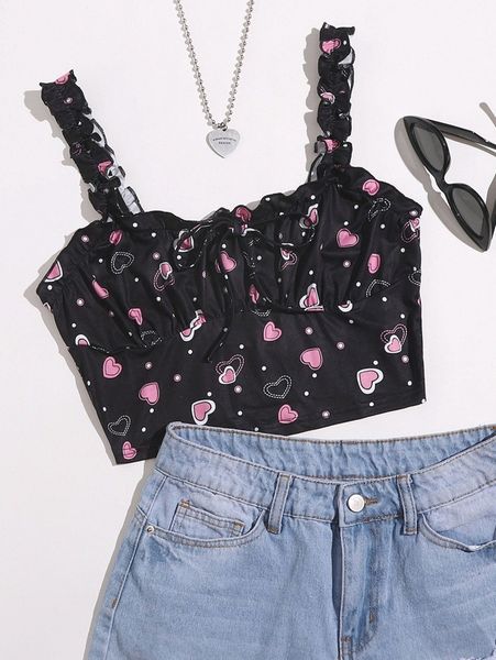 

tie front ruched bust heart print a5wi#, White