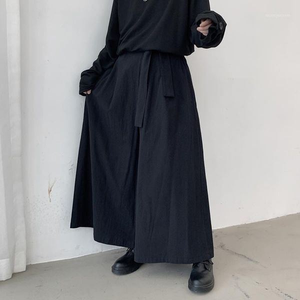 

men's pants men japan style black kimono loose casual wide leg pant male women streetwear hip hop punk gothic ribbon harem skirt trouse