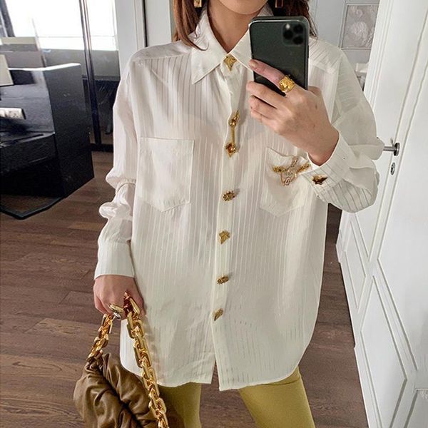 

ewq] diamonds striped shirt for women lapel long sleeve casual loose  white female 2021 summer fashion clothes