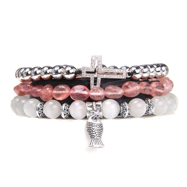 

women bracelets irregular natural strawberry quartz hematite beads bangle men cz cross pulsera vintage jewelry, Black