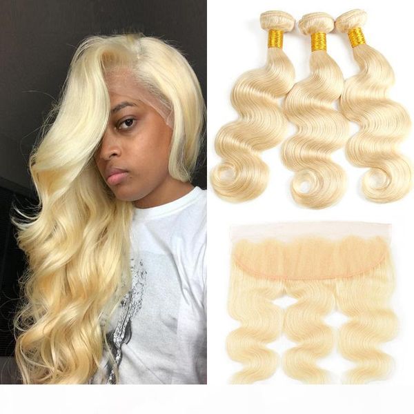 

brazilian remy straight hair 3 bundles with lace frontal 613 blonde body wave unprocesse human hair weaves 613 blonde hair extensions, Black;brown