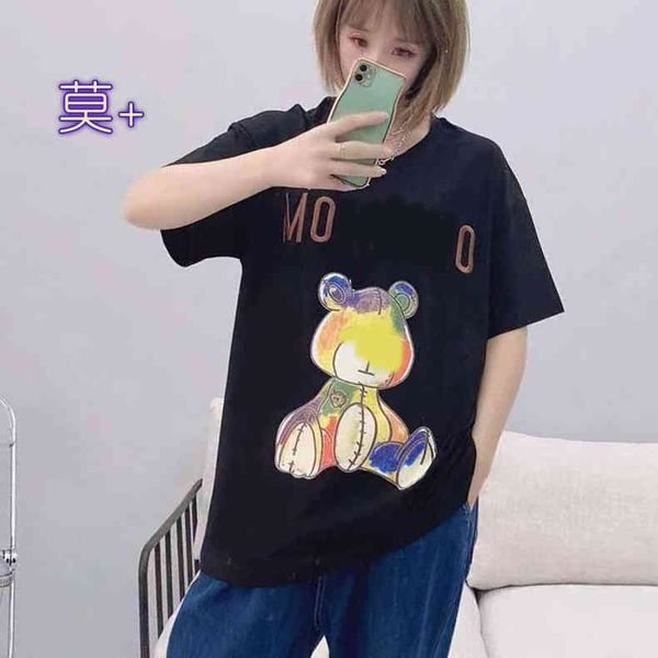 

2022 factory wholesale new summer mo + short sleeve women's fashion hand painted color printing cute bear round neck pullover t-shirt, White
