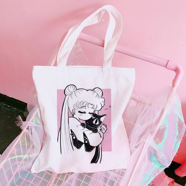 

casual fashion large capacity cartoon sailor moon letter new cat print cute ins canvas harajuku ulzzang shoulder bags