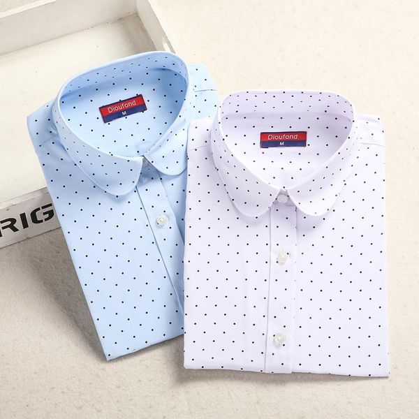 

2020 new women long sleeve white blue polka dot cotton blouse shirt woman workwear clothes plus size