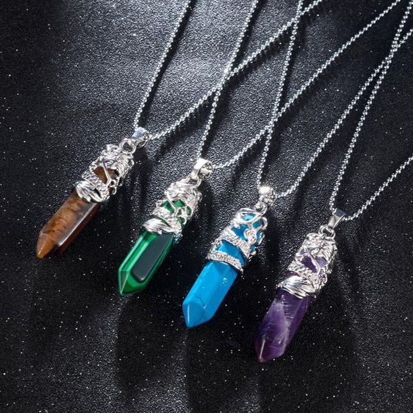 

pendant necklaces 2021 women boho vintage natural quartz crystal chakra healing point necklace jewelry long men, Silver