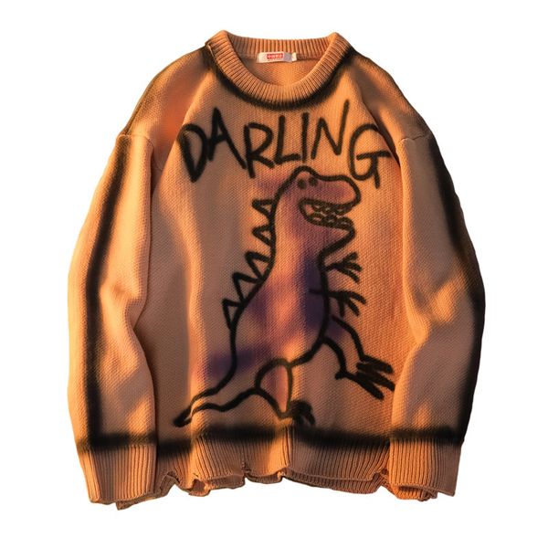 

2021 new hip torn male sweater woman couples fashion dinosaur graffiti printing clothing winter sweaters sweat hywo, White;black