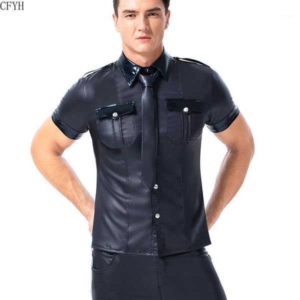 

me undershirt gay faux leather shirts short sleeve cool men pocket black sissy dance club wear costume shirts undershirts1, White;black