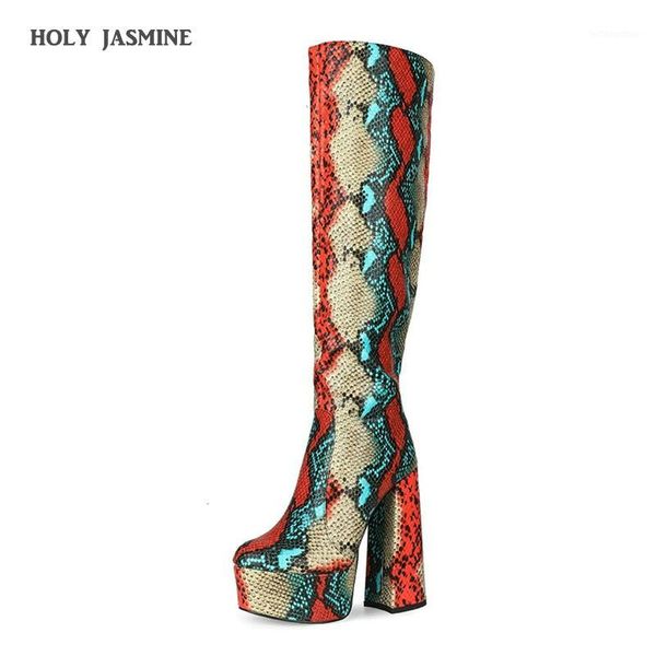 

new women boots 2020 autumn winter 14.5cm waterproof platform color snake print knee-length boots super high(8cm-up) square heel1, Black