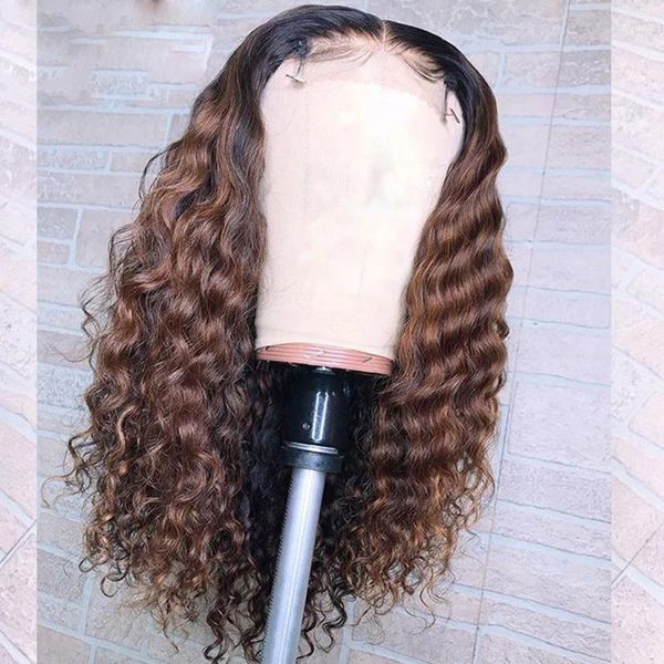 

lace wigs black root blonde color hair wig 13x4 part kinky curly for women with baby large cap size, Black;brown