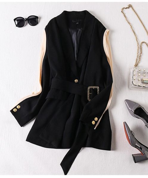 

2020 spring and autumn women blazer black stitching suit female belt retro new fashion british style1, White;black