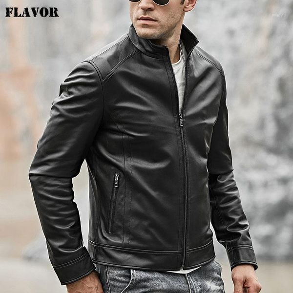 

2021 men's real leather motocycle jacket lambskin genuine leather with zipper closure winter coat black1, Black